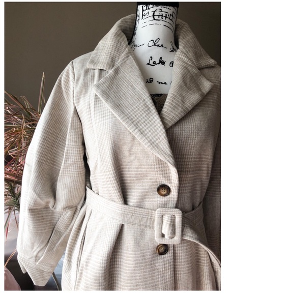 Coat long plaid vintage lantern puff sleeve runway womens soft khaki belt - Picture 6 of 10